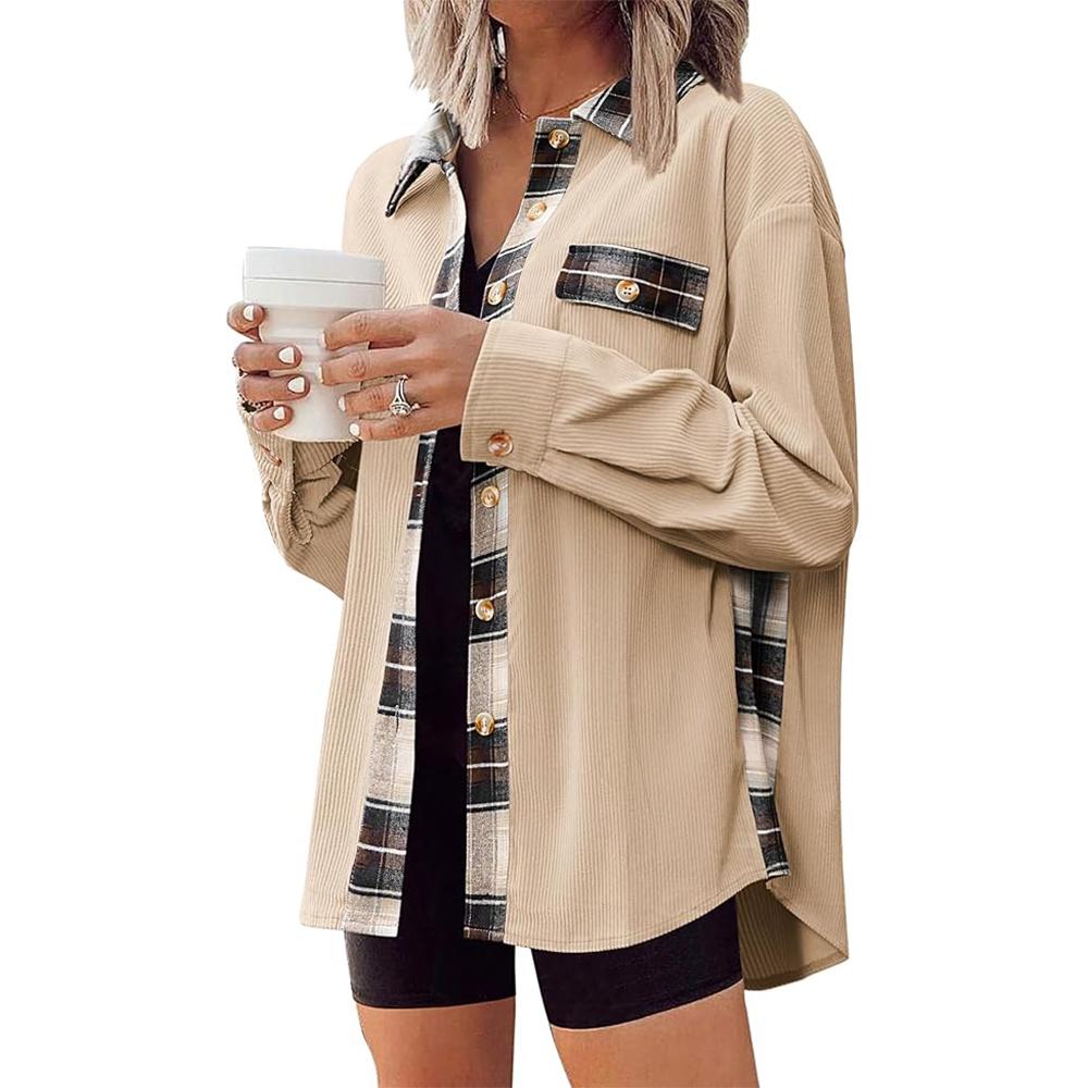 Женская вельветовая фланелевая куртка-жакет, повседневные клетчатые рубашки на пуговицах, осенние топы с длинным рукавом и карманами