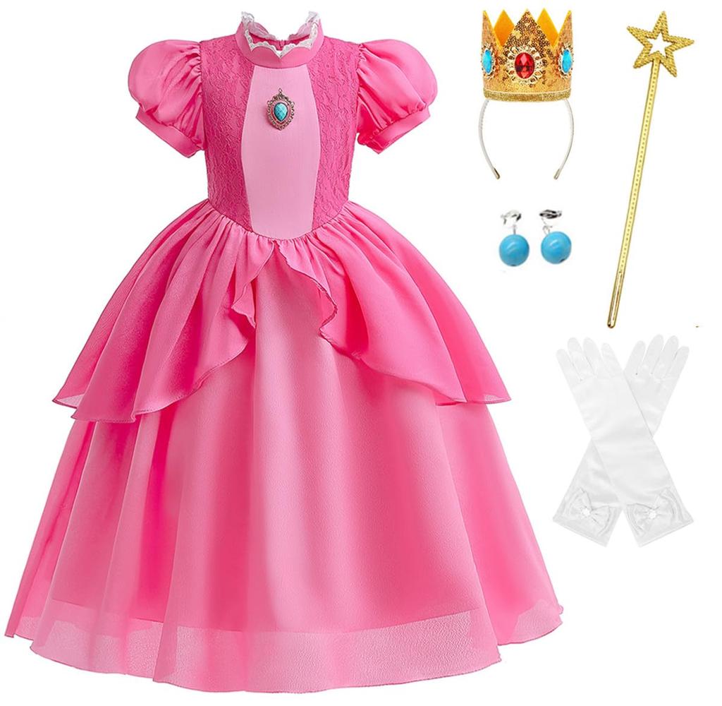 TYHTYM Princess Set for Kids and Pink Perfect for and Birthdays Dress, 5-Piece (Dress, Crown, Wand, Earrings, Gloves), 100-120cm Dress, Christmas,