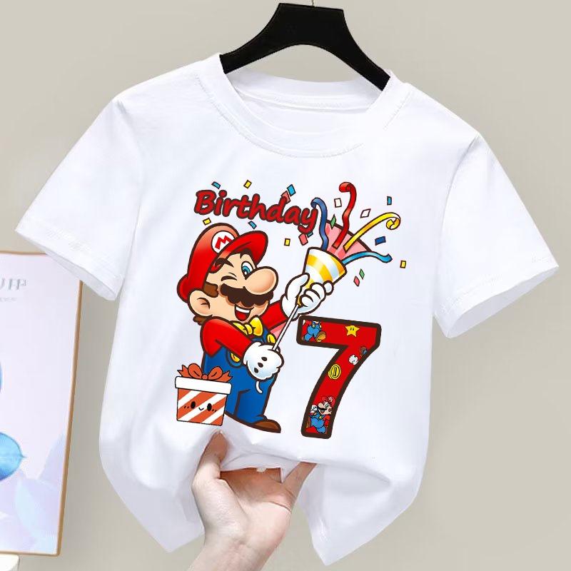 Футболки с принтом Super Marioes Bros Номер 1-10 Аниме Мультфильм Милый Топ с короткими рукавами Мальчики Девочки Летний Хлопковый Круглый Вырез Футболка