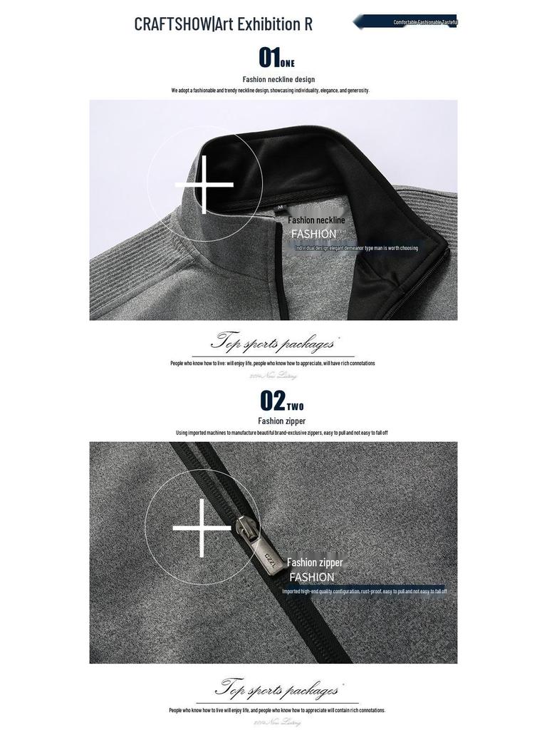 Youth Men's Slim Fit Embroidered Sweatshirt Cardigan, M-8XL, Stand Collar, Solid Color, Long Sleeve, Spring/Autumn.