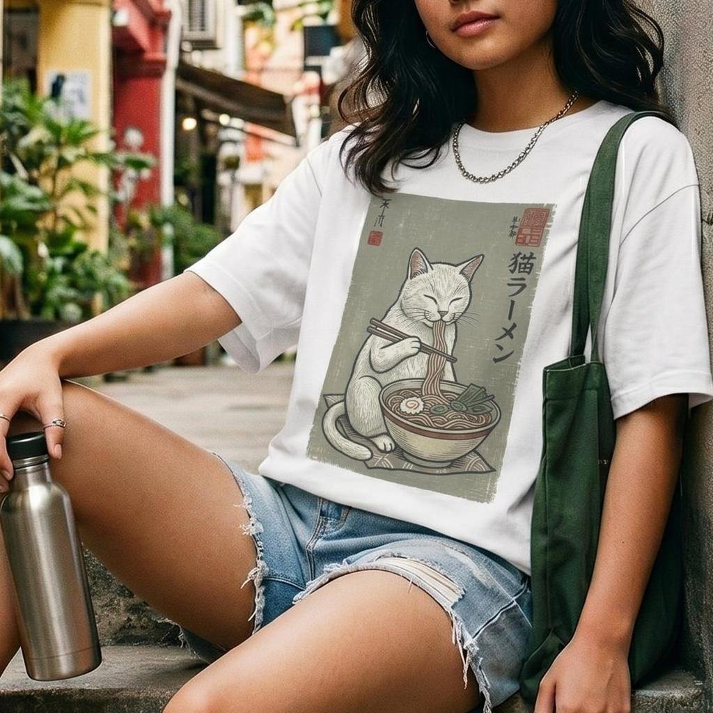 Japanese Late Night Ramen Cat T-Shirt | Ukiyo-e Graphic Tee