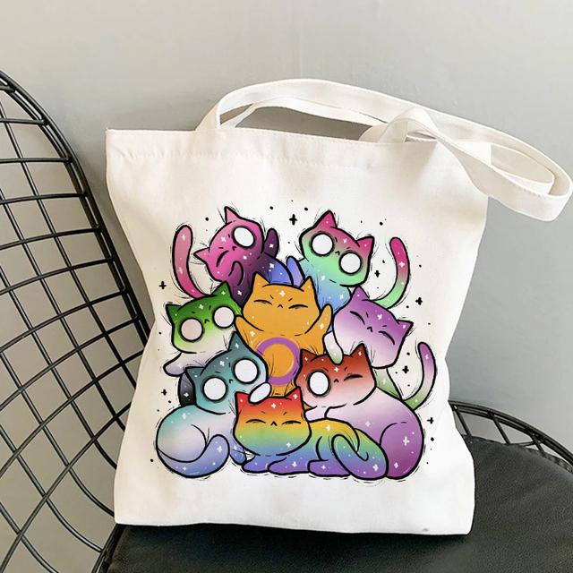 Cat Shopping Canvas Womens Bag Casual Large Capacity Shoulder Bags Reusable Shopper Tote Bags Fashion Harajuku Ulzzang Handbags