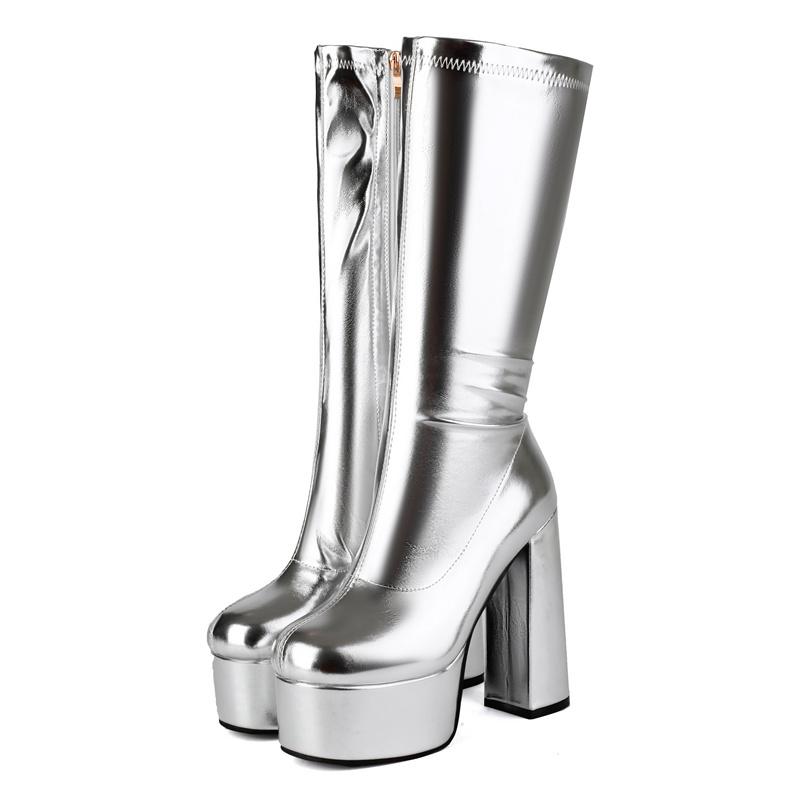 Metallic Gold Silver Stretch Knee High Platform Boots Women Chunky Heels Sexy Party Dress Winter Lady Zipper Elastic Long Boots