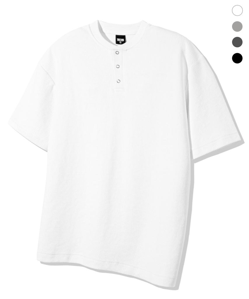 TRILLION Waffle Ring Snap Henley Neck Half Sleeve_4Color