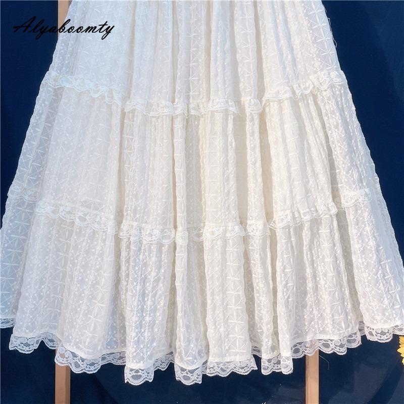 Japanese Lolita Style Autumn Winter Women Lace Skirt High Waist Beige Layered Ruffles Skirt Elegant Feminine Ladies' Tierred Skirts