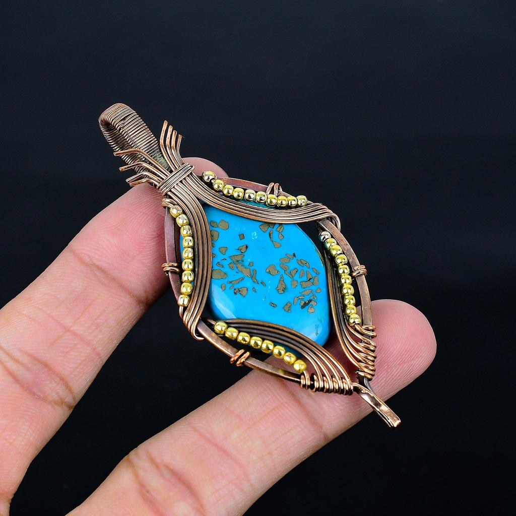 Бирюзовый кулон, обернутый медной проволокой 999 пробы, кулон ручной работы с драгоценным камнем, подарок на день рождения