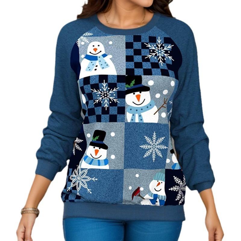 Women's Blouse Round Neck Christmas Print Loose Long Sleeve Top