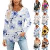Женская мода Повседневная плиссированная футболка с круглым вырезом, винтажным цветочным принтом и длинным рукавом