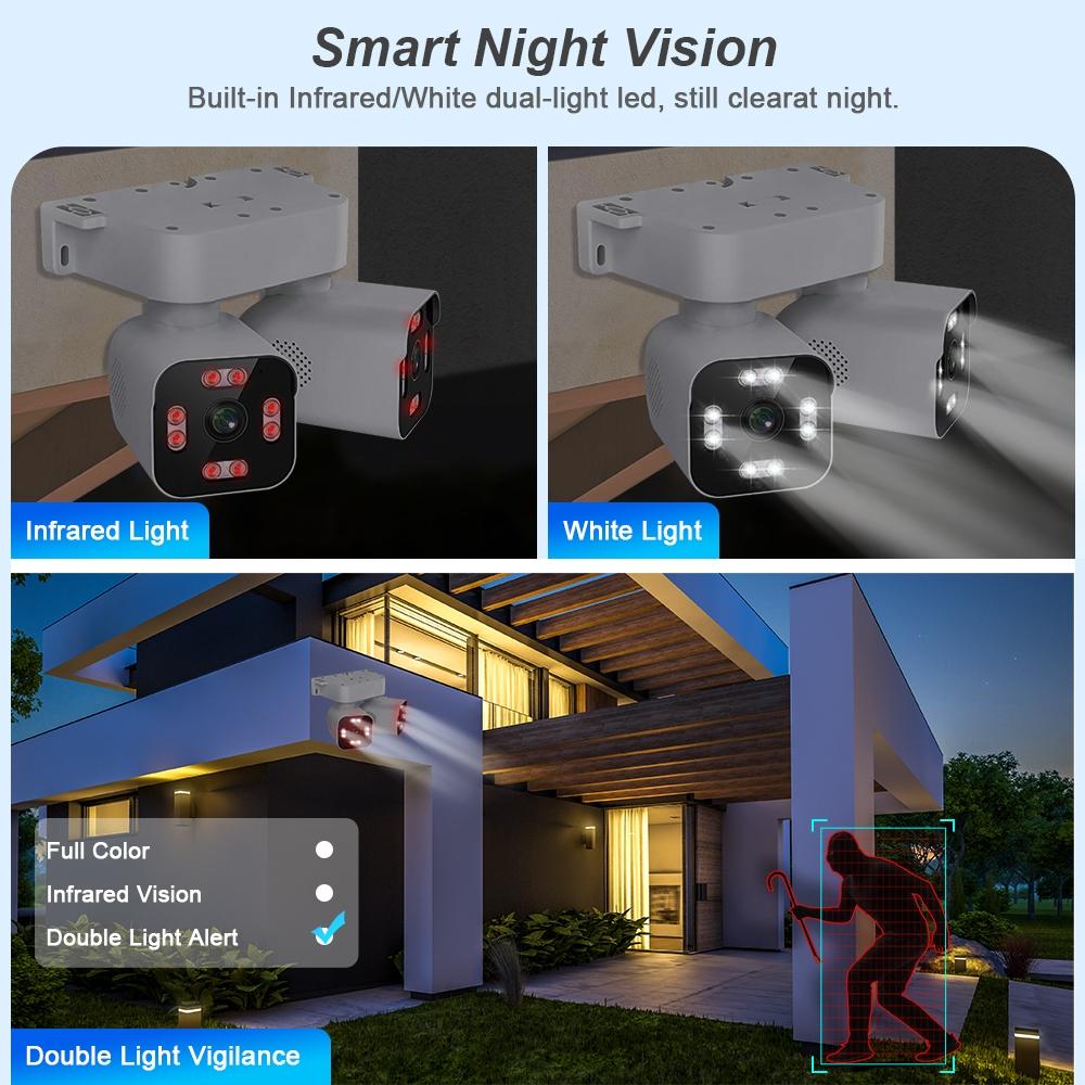 AIOOK Наружная водонепроницаемая камера с двойным PTZ WIFI HD с двойным объективом 8MP 4K с двумя объективами, камера ночного видения, 10-кратный зум, настенная камера без слепой зоны, двусторонний домофон