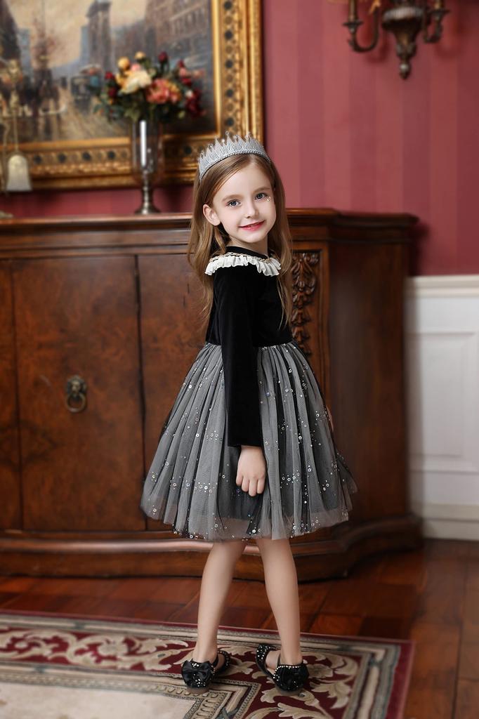 Weileenice Концертное фортепиано Размер Длинный рукав Черное Принцесса Траур Идеально для поминок и других Платье, 140, Серый, Осень/Зима, Наряд для девочек, Платье,