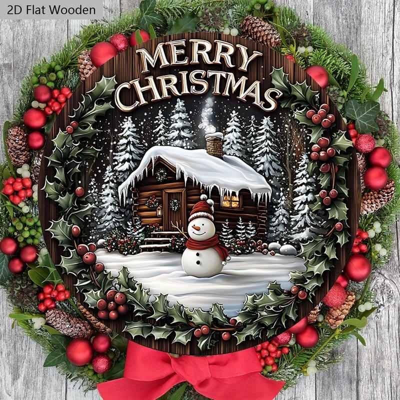 Warm Winter Wooden Christmas Sign with Snow House & Snowman Pattern - Navidad Round Sign for Front Door Wall Hanging Decor - Ideal Christmas Gift