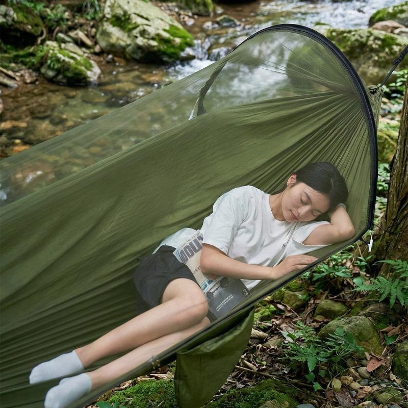2-In-1 Camping Hammock with Mosquito Net Ultralight Parachute Nylon Hanging Bed for Outdoor Survival Travel Backyard Mosquito Net Swing Basket