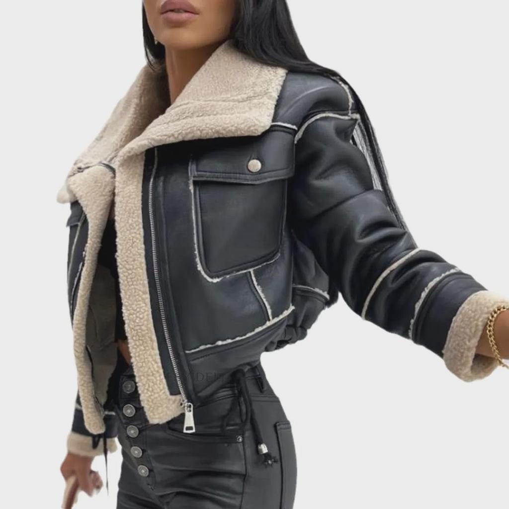 Женская куртка из искусственной кожи и флиса для мотоцикла с воротником-стойкой и короткой молнией (Модель 3120)