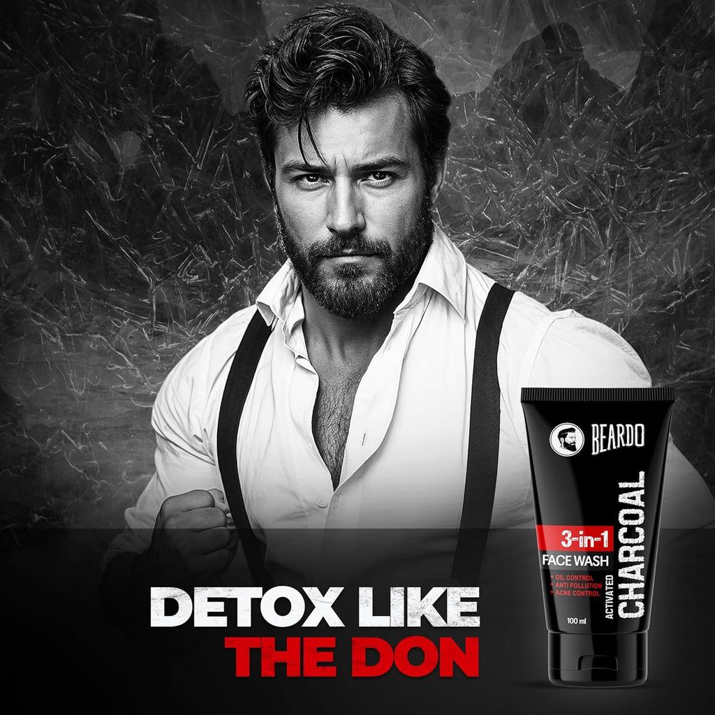 Beardo 3 In 1 Activated Charcoal Face Wash For Men Deep Clean Oil Control Detox Oily Skin Dirt Removal Daily Use 100 ml