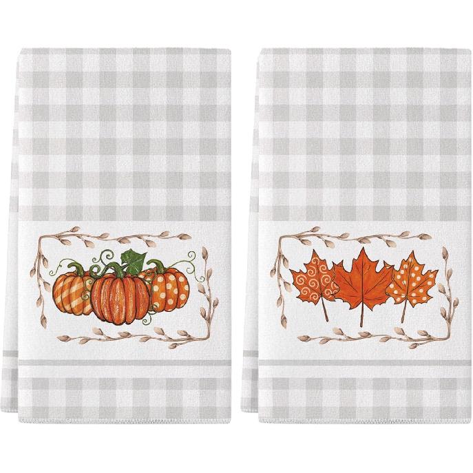 Siilues Fall Kitchen Towels 18x26 Inch Set of 2, Leaves Pumpkin Hand Towels Fall Decorations for Home Seasonal Autumn Thanksgiving Home Kitchen Decor