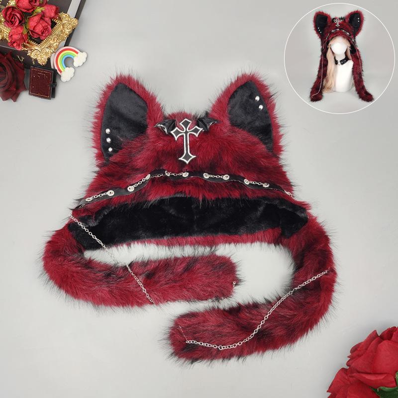 Готическая ручная работа Средневековый крест Пушистая шапка Женская панк Волк Кошачьи уши Плюшевый головной убор Готическая тьма Реквизит для косплея Ветрозащитные Горро