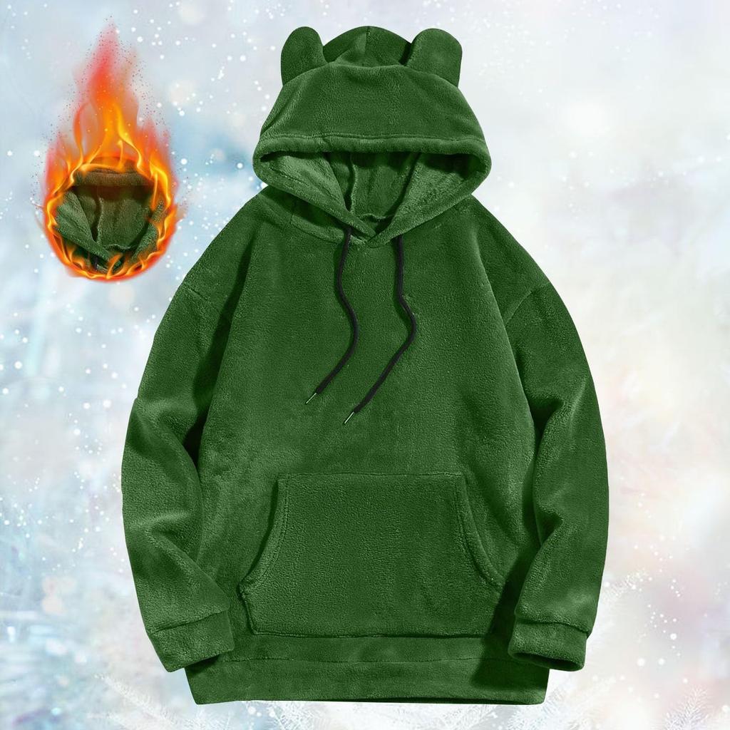 Осенне-зимняя взрывная однотонная теплая коралловая бархатная толстовка с капюшоном с ушками медведя, симпатичная утолщенная мужская