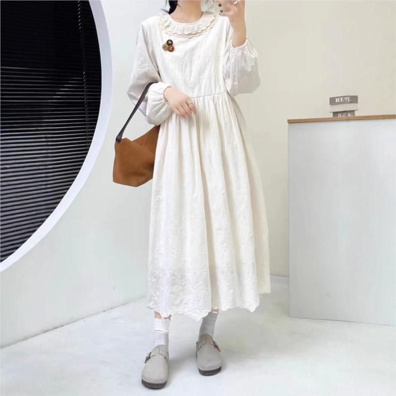 Johnature Forest Jacquard Dress Autumn Winter Japanese Loose Versatile Dresses