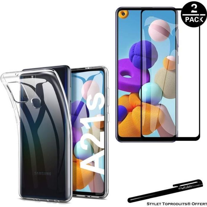 2 Verres trempés pour Samsung Galaxy A21S bords noirs et 1 coque de protection souple transparente avec Stylet Toproduits®