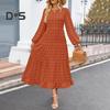Fall Winter Women Dress Long Lantern Sleeves A-line Round Neck Big Hem Dot Applique Pleated Solid Color Dating Commuting Midi Dress