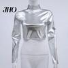 Women Top Club Glossy Faux Leather Half-high Collar Solid Color Waist-exposed Long Crop Sleeve Skinny Pullover Elastic Nightclub Stage Show