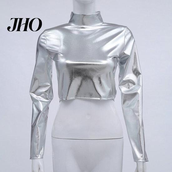 Women Top Club Glossy Faux Leather Half-high Collar Solid Color Waist-exposed Long Crop Sleeve Skinny Pullover Elastic Nightclub Stage Show