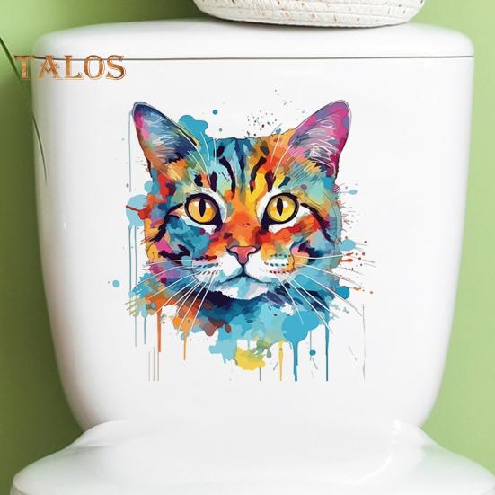 Цветной рисунок наклейка на унитаз с котом, водонепроницаемая, съемная, самоклеящаяся, ПВХ, настенное искусство для гостиной, ванной комнаты, акварель, котенок, декоративная наклейка на крышку унитаза