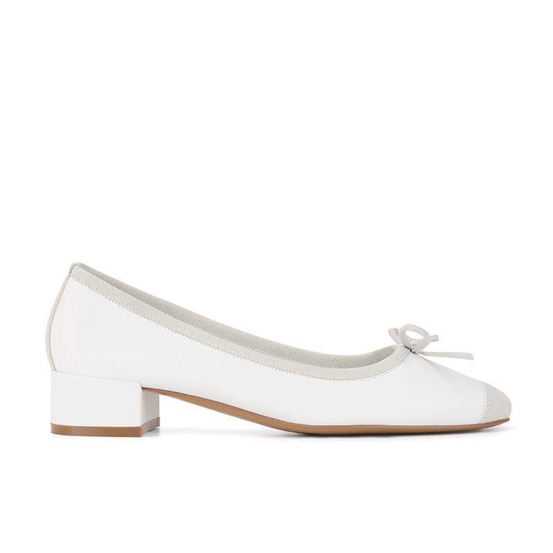 [] Two Heights~ Lambskin Square Head Bow Thick Heel Ballet Shoes Women's Single Shoes