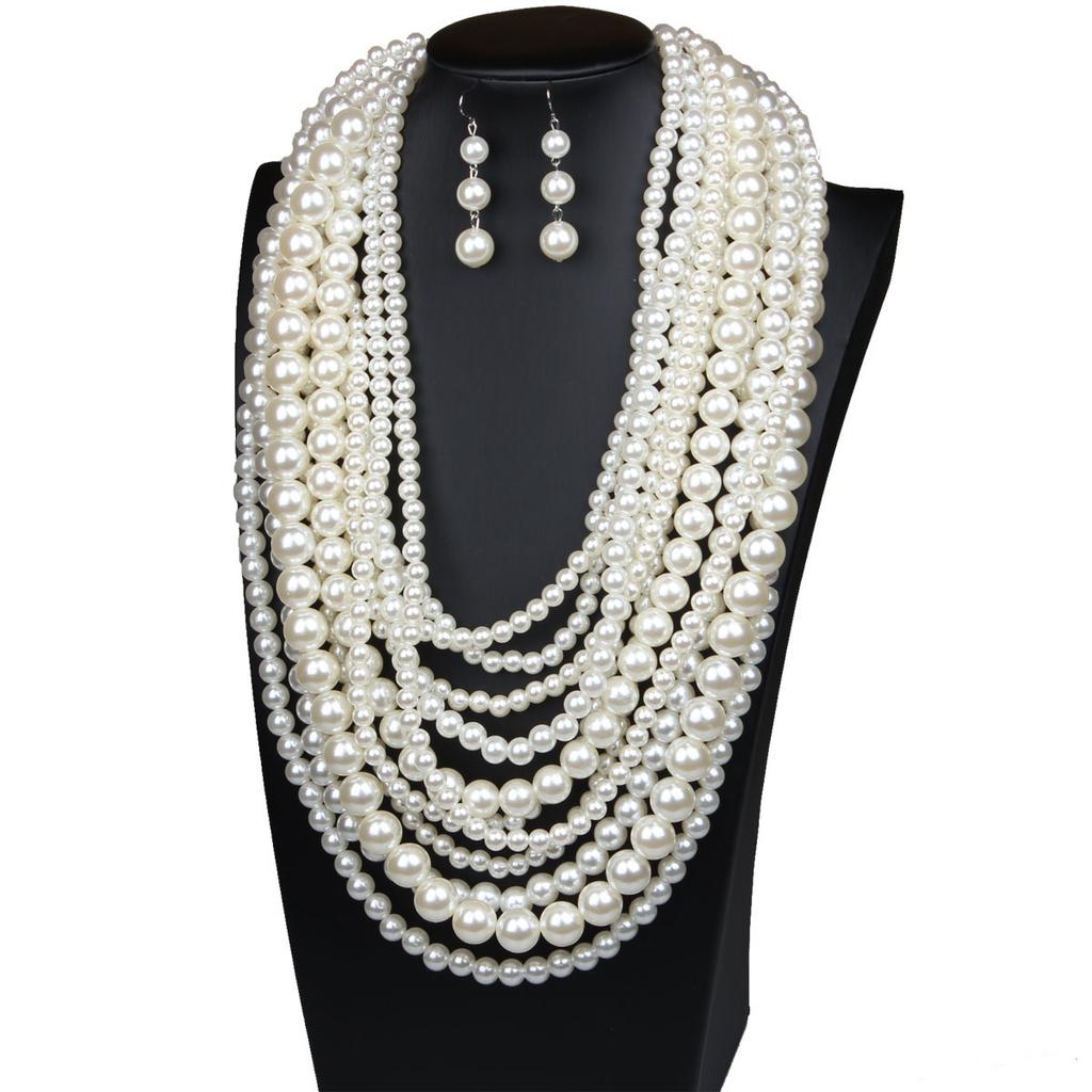 Европейский и американский модный многослойный преувеличенный набор жемчужных ожерелья и серег цепочка для свитера женская цепочка на шею