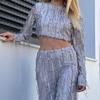 2Pcs/Set Women Party Outfit Set Cropped Tops O-neck Long Sleeve Tassel Sequin High Waist Wide Leg Long Pants Set
