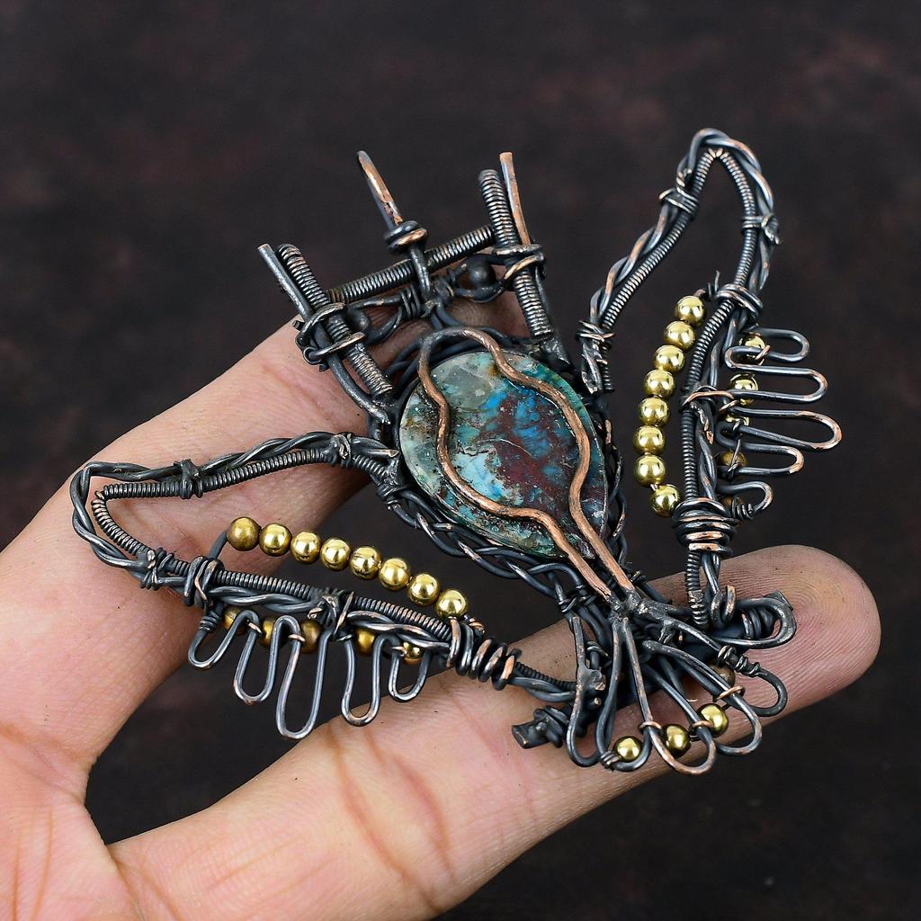Azurite Malachite Pendant Copper Wire Wrapped Pendant Gemstone Owl Pendant Handmade Copper Jewelry Unique Pendant Wire Wrap Jewelry For Gift