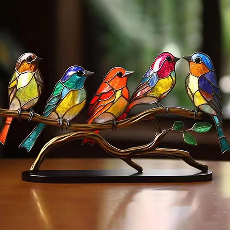 Stained Acrylic Birds On Branch Desktop Ornaments, Double Sided Multicolor Style Birds Craft Statue Desktop Ornaments