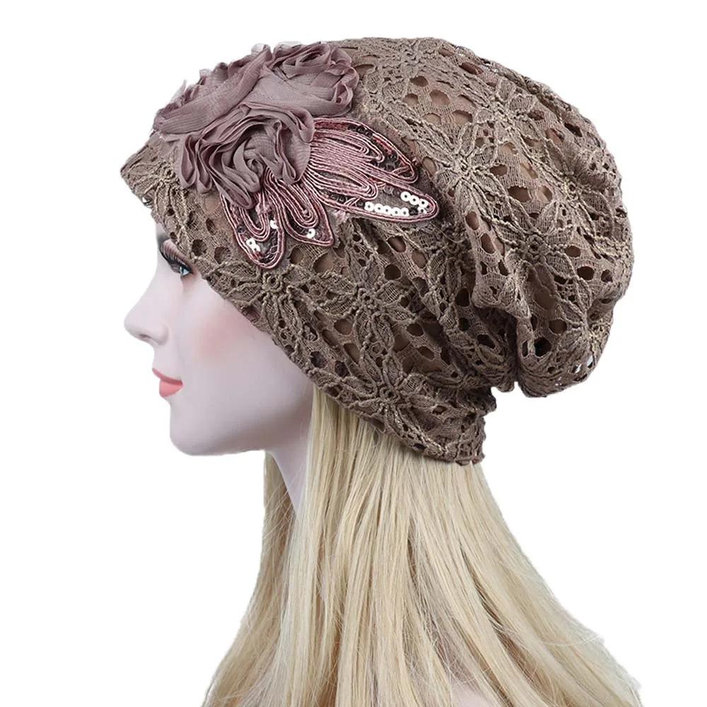 Omen Sequins Lace Turban Cap Flower Muslim Headwear Hat Female Head Wraps Ladies Bonnet Turbante Mejur