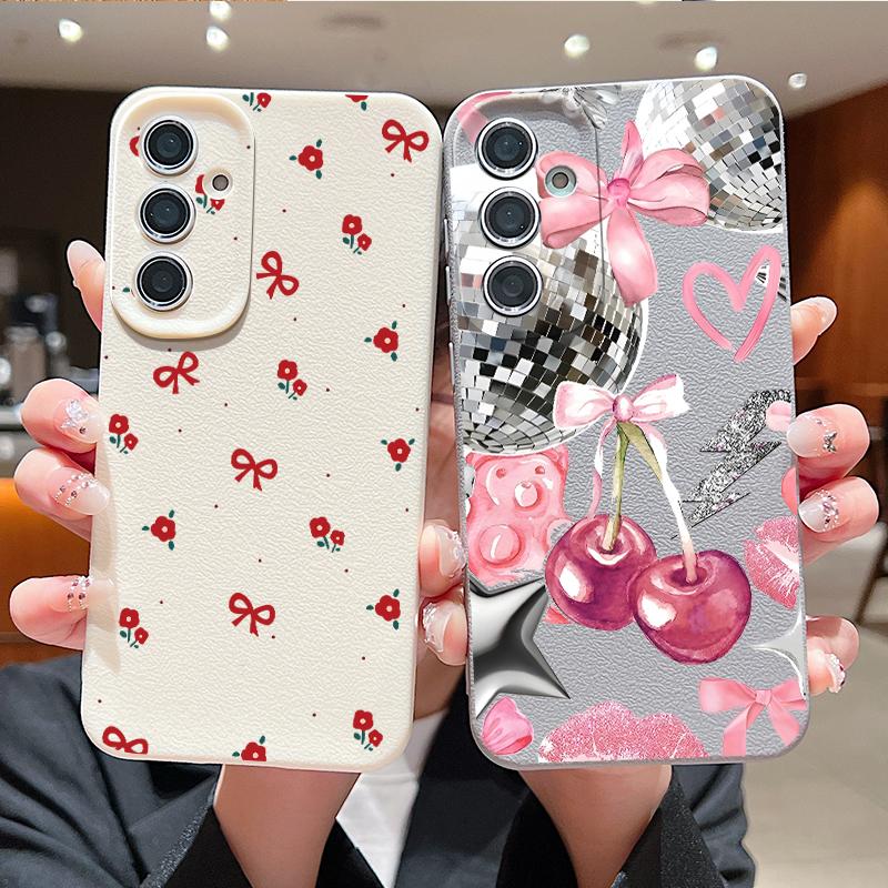Чехол с принтом вишни для Samsung S26 S25 Ultra S24 S23 S22 S21 FE A15 A35 A55 A16 A36 A56 A17 A18 A37 A57 5G Мягкая обложка с текстурой кожи