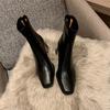 Korean Order Heavy Recommendation Temperament Brown Square Head Thick High Heel Elastic Short Boots Zipper Thin Women Single Boots