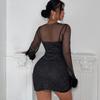 Knitted Round Neck Mesh Long Sleeve Hip Wrap Dress  Autumn New Women's Fashion Sexy Dress