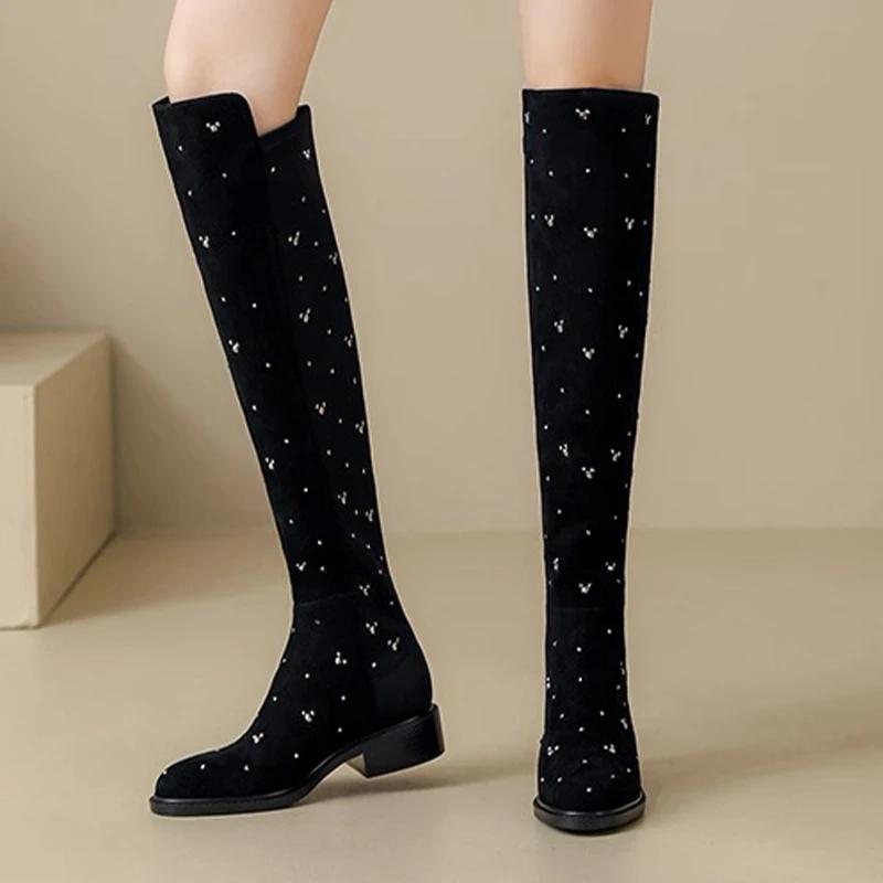 Хрустальные высокие сапоги для женщин Модные туфли на каблуке Зимние ботфорты челси 2025 Новые повседневные кроссовки для женщин