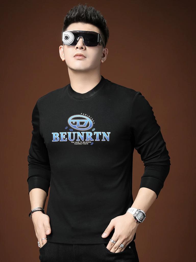 European Trendy Brand Long-Sleeve T-Shirt for Men with Letter Print, 2025 Autumn New Style, Half-High Collar Base Shirt, Autumn Top