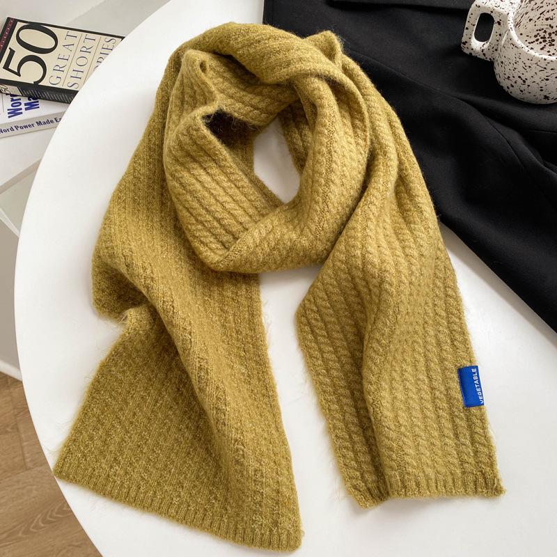Wool Knitted Wool Small Scarf Women's Winter Beige Versatile Couple Solid Color Short Scarf Men's Thin Narrow