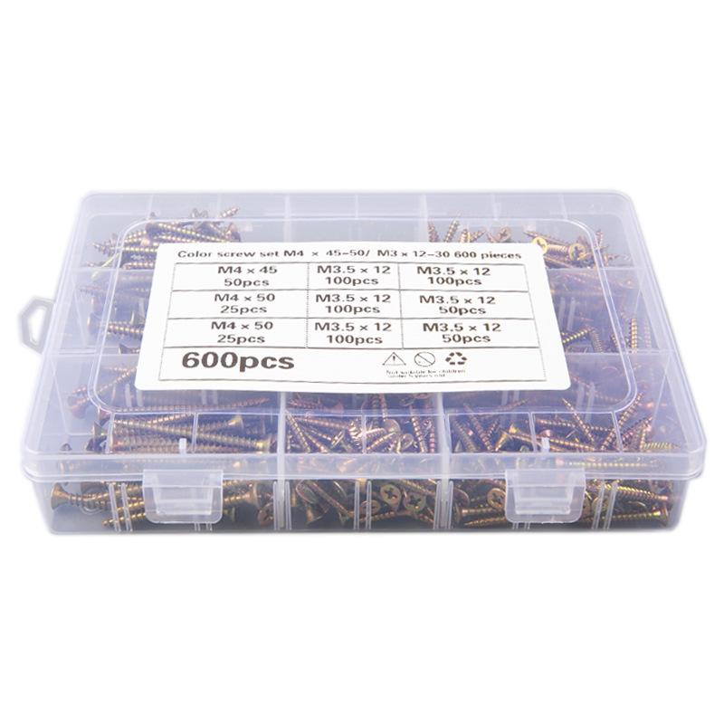 600 шт./коробка M3.5/4 12/16/20/25/30/45/50 мм Набор цветных оцинкованных саморезов с крестообразным шлицем