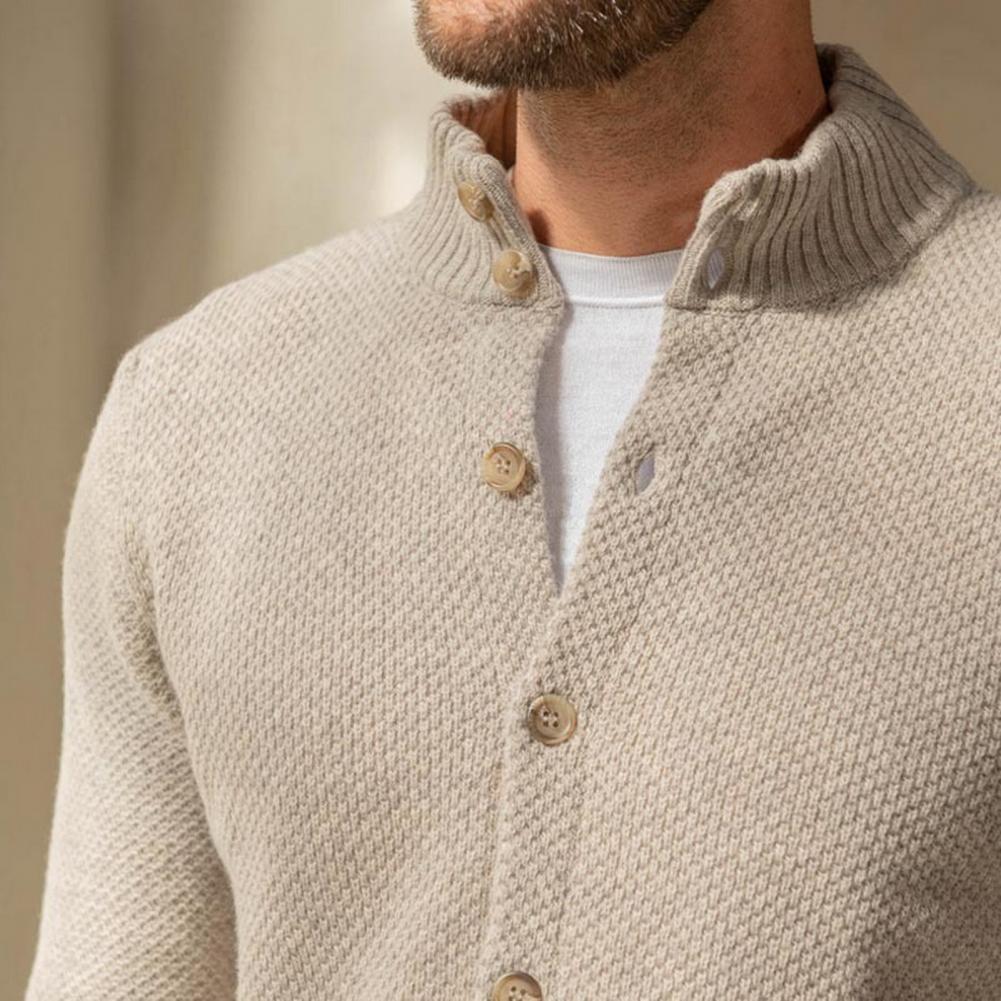 Fall Winter Men Sweater Knitted Single-breasted Buttons Long Sleeves Stand Collar Solid Color Elastic Cardigan Mid Length Daily
