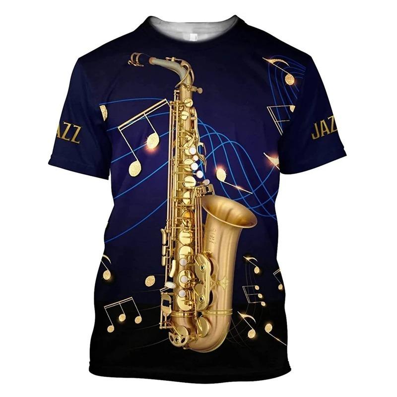 3D Print Saxophone Men Women T-shirts Summer Casual Short Sleeve Jazz Tshirts Streetwear O Neck Oversized Harajuku Y2k Kids Tops