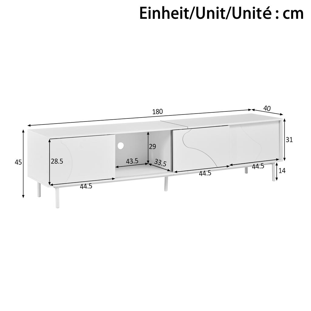 White TV Cabinet with Three Sliding Doors, MDF, Glass Shelf, App-controllable LED Lighting, Thin Steel Legs, Minimalist Living Room Storage Cabinet