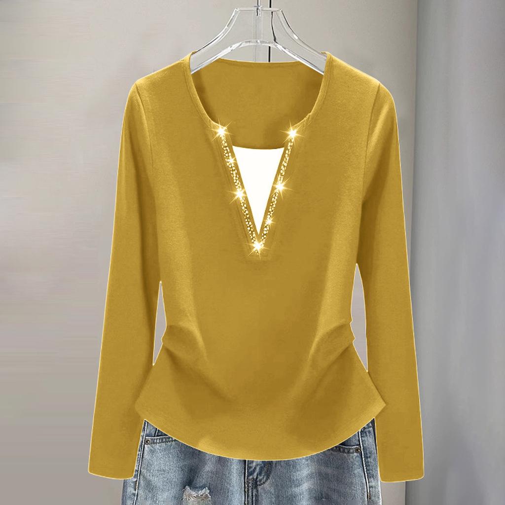 Ladies' Casual Fashion Fake Two-piece Long Sleeved Base Shirt With Rhinestone Hot Stamping T-shirt Plus Size Top