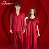 Predestined Match: Bamboo Leaf Jacquard Ice Silk Pajama Set In Festive Red - Autumn/Winter Collection