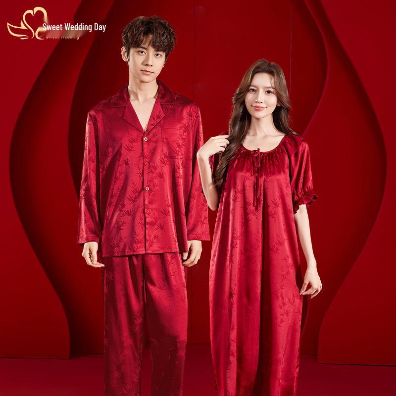 Predestined Match: Bamboo Leaf Jacquard Ice Silk Pajama Set In Festive Red - Autumn/Winter Collection