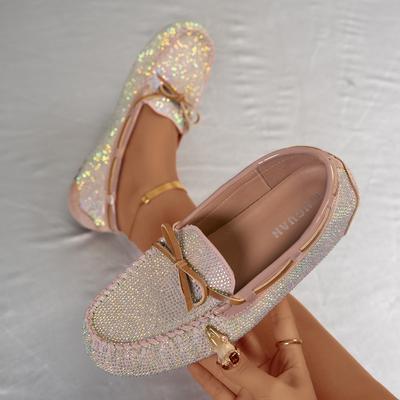 Модные весенние новые туфли-лодочки большого размера женские с леопардовым принтом на одну ногу на мягкой подошве удобные с бантом полностью в стразах лоферы