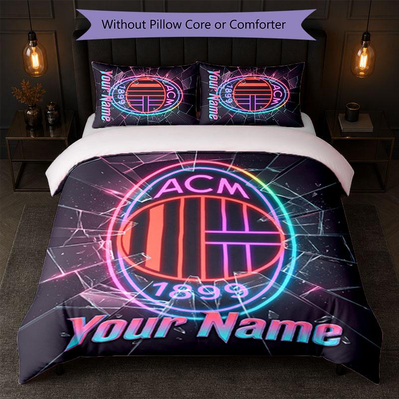 AC Milan Custom Name Text Bedding Set 1 Duvet Cover+2 Pillowcases Soccer Logo Personalized Gift For Special Occasion Bedroom Decor