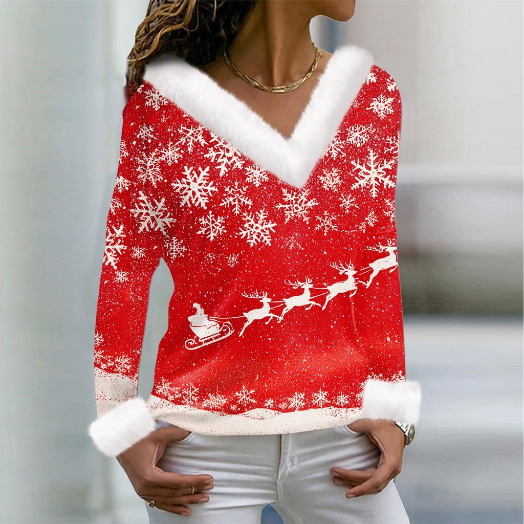 Женская футболка с рождественским принтом, длинный рукав, флисовый воротник, V-образный вырез, футболка