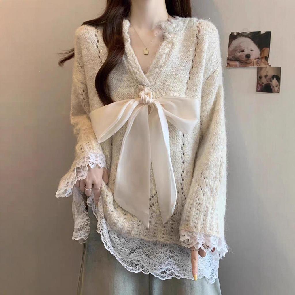 Korean Style Lace-up Bowknot Mesh Knit Sweater - Women's Trendy Autumn/Winter 2025